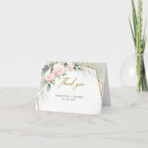 Carte De Remerciements Fleurs roses saumon et eucalyptus et cadre doré