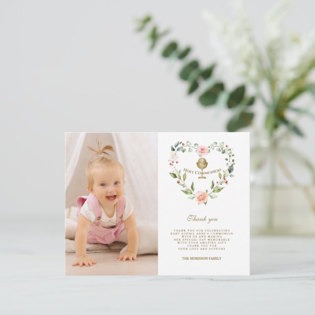 Carte De Remerciements Fleurs roses Wreath Photo Girl Holy Communion (Debout devant)