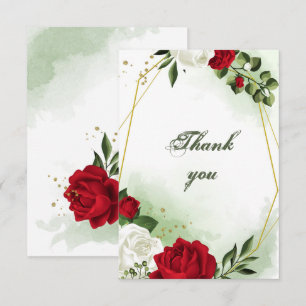 Carte De Remerciements fleurs rouges et blanches verdure or géométrique
