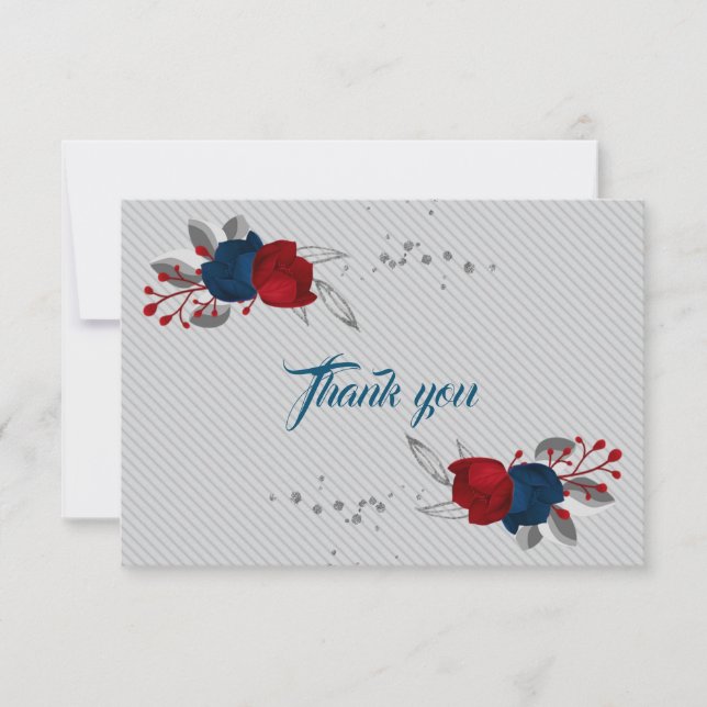 Carte De Remerciements fleurs rouges et bleu marine feuilles grises (Devant)