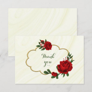 Carte De Remerciements fleurs rouges feuilles verts sur cadre or