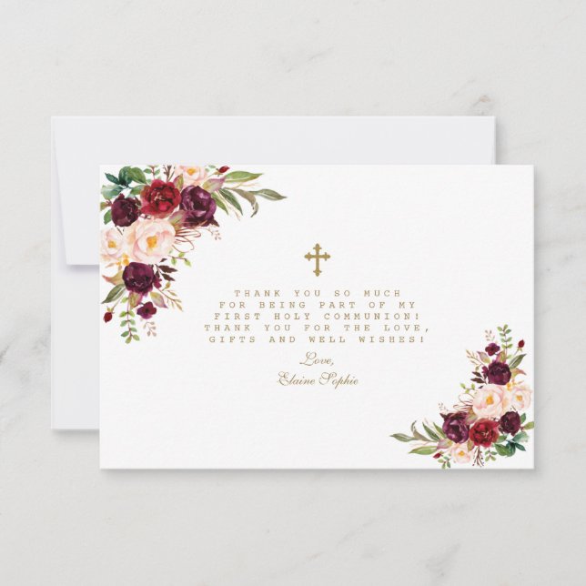Carte De Remerciements Fleurs rousses Bourgogne Croix d'or Communion sain (Devant)