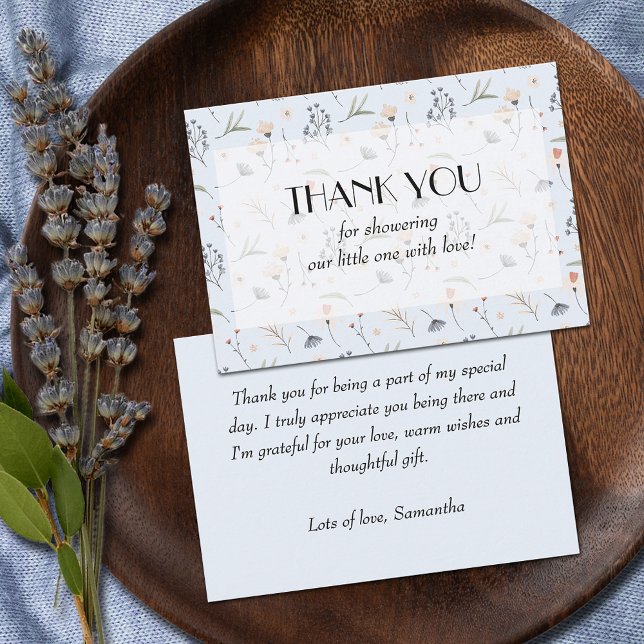 Carte De Remerciements Fleurs sauvages à la baby shower Blue Boy (Wildflowers on Blue Boy Baby Shower flat Thank You Cards with a message on the back)