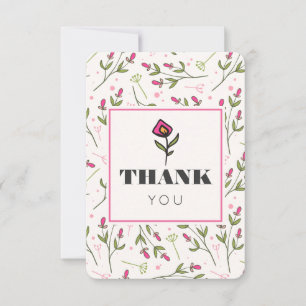 Carte De Remerciements Fleurs sauvages à tige longue roses et vertes Merc