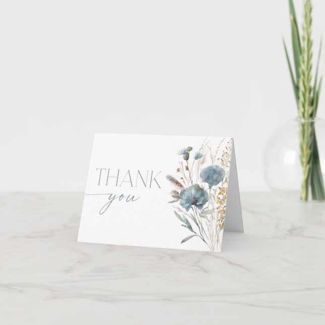 Carte De Remerciements Fleurs sauvages boho bleu poussiéreux  (Devant)