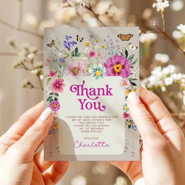 Carte De Remerciements Fleurs sauvages brillantes Papillon 1er anniversai (Créateur téléchargé)
