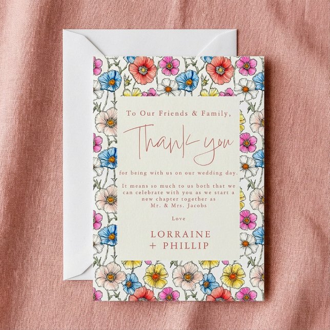 Carte De Remerciements Fleurs sauvages colorées été mariage motif (Summer colourful wild flowers pattern wedding thank you card.)
