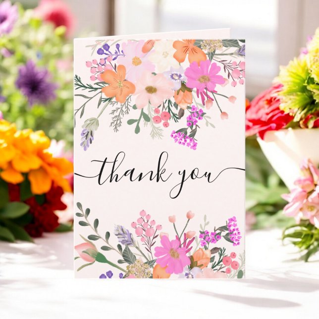 Carte De Remerciements Fleurs sauvages de mariage élégant douche printani (Elegant Bridal wild flowers pastel spring shower Thank You Card)