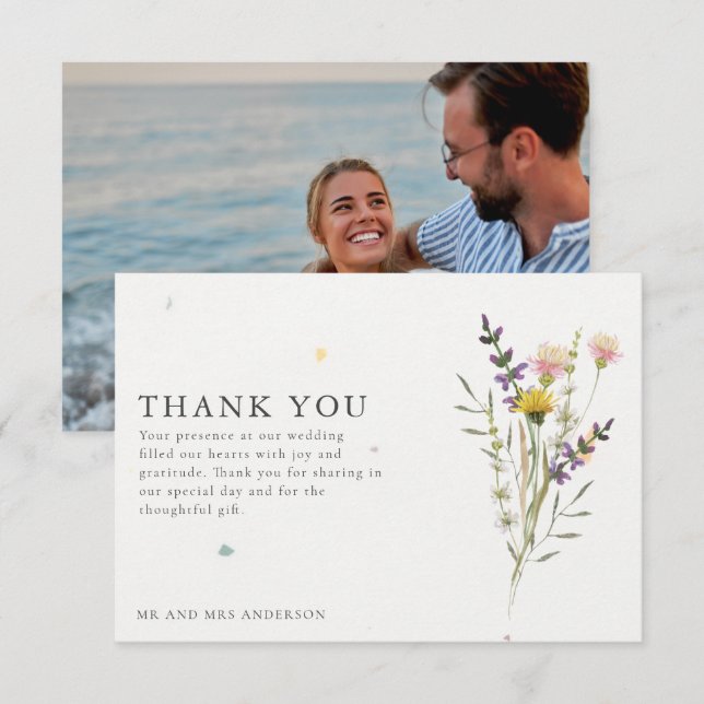 Carte De Remerciements Fleurs Sauvages en Prairie Photo Mariage Remerciem (Devant / Derrière)