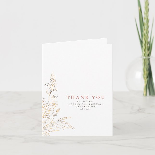 Carte De Remerciements Fleurs sauvages Or Élégant Mariage Remerciement Ph (Devant)
