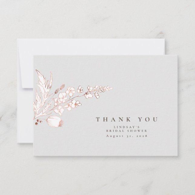 Carte De Remerciements Fleurs sauvages rose gold dessinées à la main Élég (Devant)