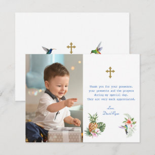 Carte De Remerciements Fleurs tropicales Oiseau Photo Boy Croix Baptême