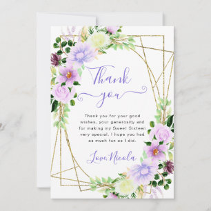 Carte De Remerciements Fleurs violettes à l'aquarelle Cadre doré Sweet 16
