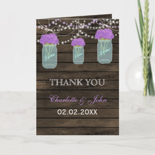 Carte De Remerciements Fleurs violettes Mason Jars Grange Mariage en bois