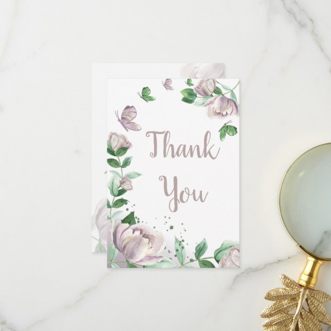 Carte De Remerciements fleurs violettes papillons mariage (Devant/Arrière en situation)