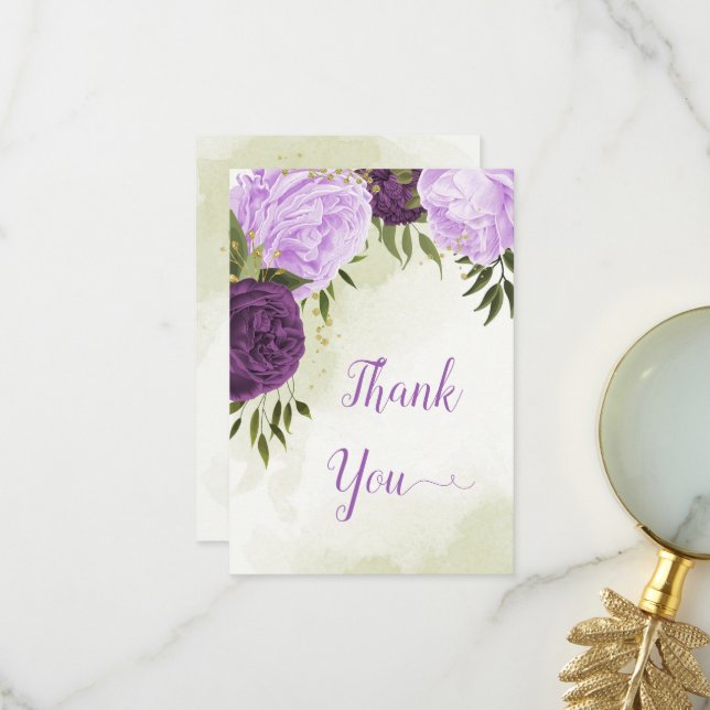 Carte De Remerciements fleurs violettes vert feuille mariage (Devant/Arrière en situation)