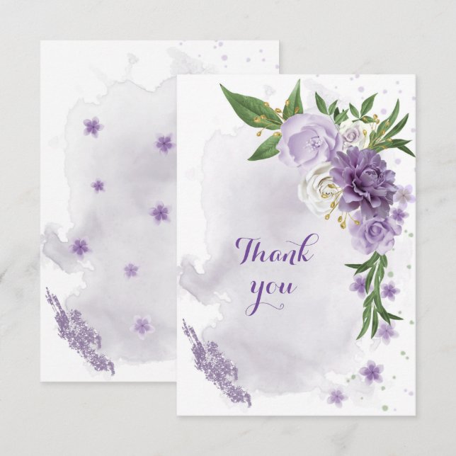 Carte De Remerciements fleurs violettes vert or (Devant / Derrière)