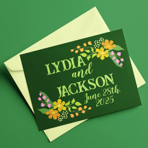 Carte De Remerciements Fleurs vives sur Mariage vert profond