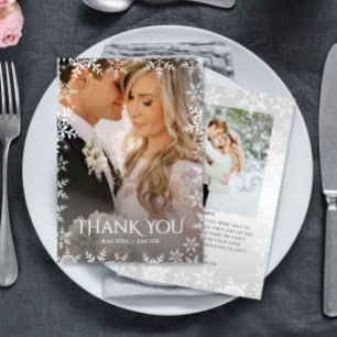 Carte De Remerciements Flocon de neige élégant 2-Photo Mariage d'hiver Me