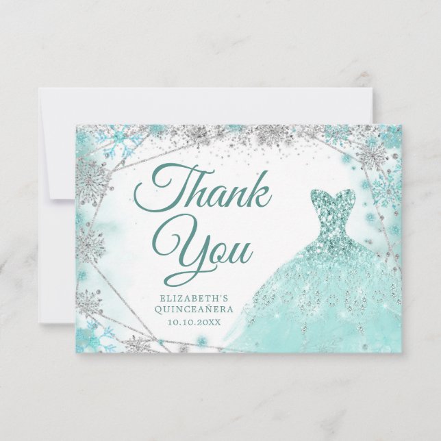 Carte De Remerciements Flocon de neige turquoise et argenté Mis XV Anos (Devant)
