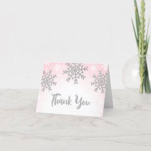 Carte De Remerciements Flocon d'hiver rose en argent