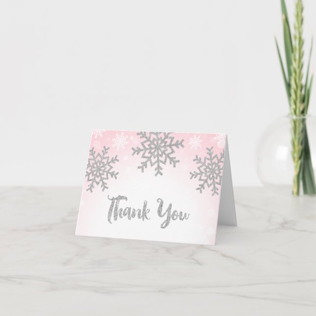 Carte De Remerciements Flocon d'hiver rose en argent (Devant)