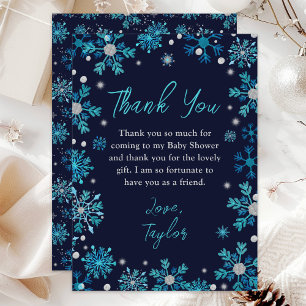 Carte De Remerciements Flocons de neige bleus et argentés Baby Shower d'h