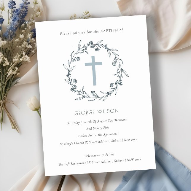 Carte De Remerciements Flora Laurel Wreath Dusky Blue Grey Baptism Invita (Créateur téléchargé)