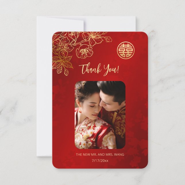 Carte De Remerciements Flora Line Art Photo Mariage chinois (Devant)
