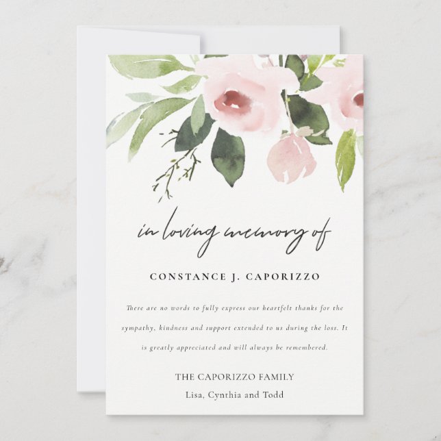 Carte De Remerciements Flora rose rose pâle à l'aquarelle (Devant)