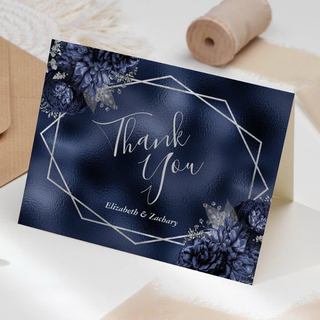 Carte De Remerciements Floral Argent géométrique Marine Blue Foil Mariage (Créateur téléchargé)