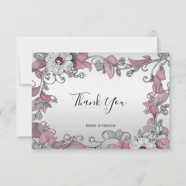 Carte de remerciements floral blanc argenté rose (Devant)