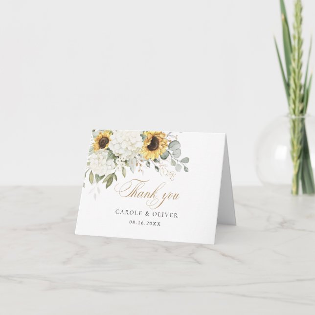 Carte De Remerciements Floral Blanc Hydrangea tournesol Mariage vert (Devant)