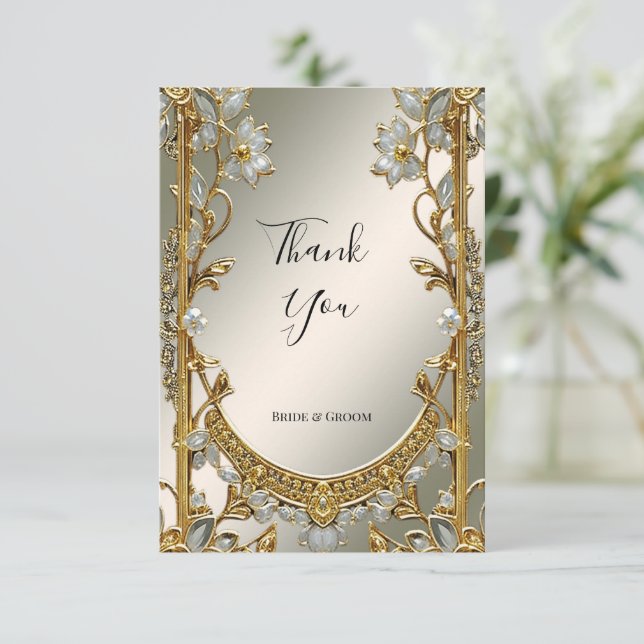 Carte de remerciements Floral Blanc Orné Or (Debout devant)