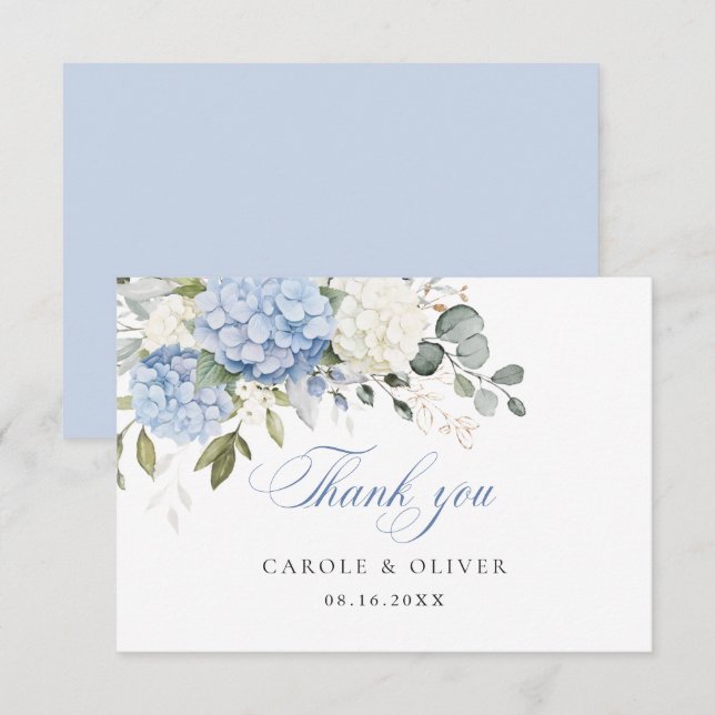 Carte De Remerciements Floral Bleu Blanc Hydrangée Mariage de verdure (Devant / Derrière)