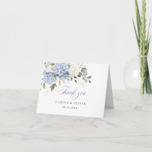 Carte De Remerciements Floral Bleu Blanc Hydrangée Mariage de verdure (Devant)