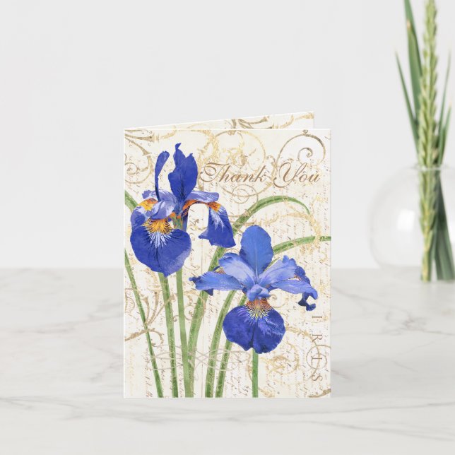Carte De Remerciements Floral Bleu Iris Or Damas Blanc (Devant)