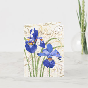 Carte De Remerciements Floral bleu Iris or damassé blanc