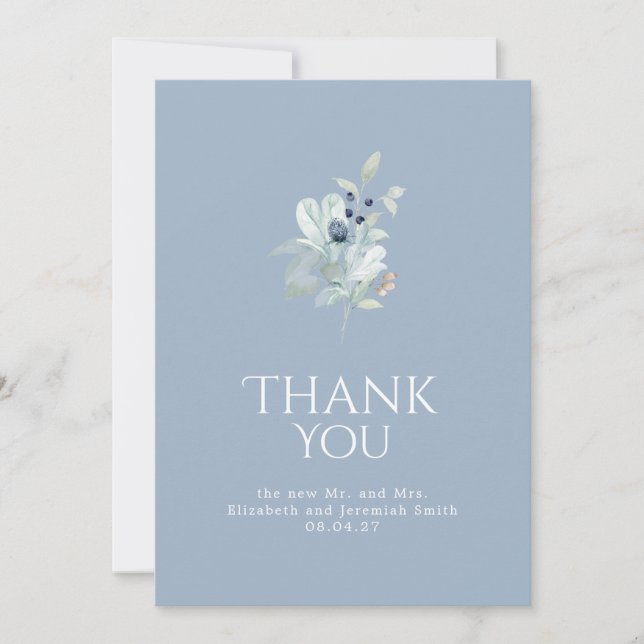 Carte de remerciements floral bleu poussiéreux - É (Devant)
