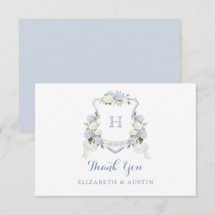 Carte De Remerciements Floral Blue Hydrangea Crest Mariage Monogramme