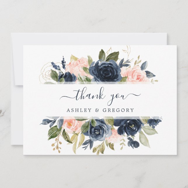 Carte De Remerciements Floral Blush Rose & Marine Frame Élégant (Devant)