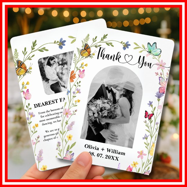 Carte De Remerciements Floral Boho Fleurs sauvages papillons Mariage phot (Créateur téléchargé)
