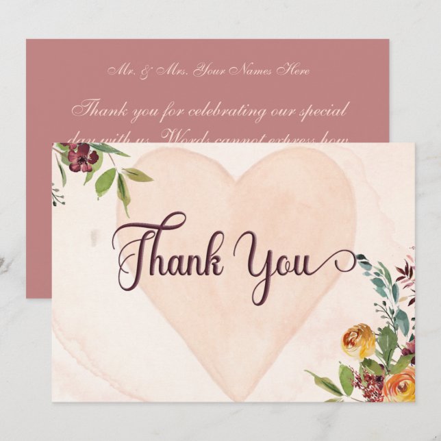 Carte De Remerciements Floral Boho Heart Peach Mariage (Devant / Derrière)