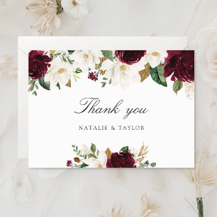 Carte De Remerciements Floral Bourgogne Magnolia Verdure Mariage élégant