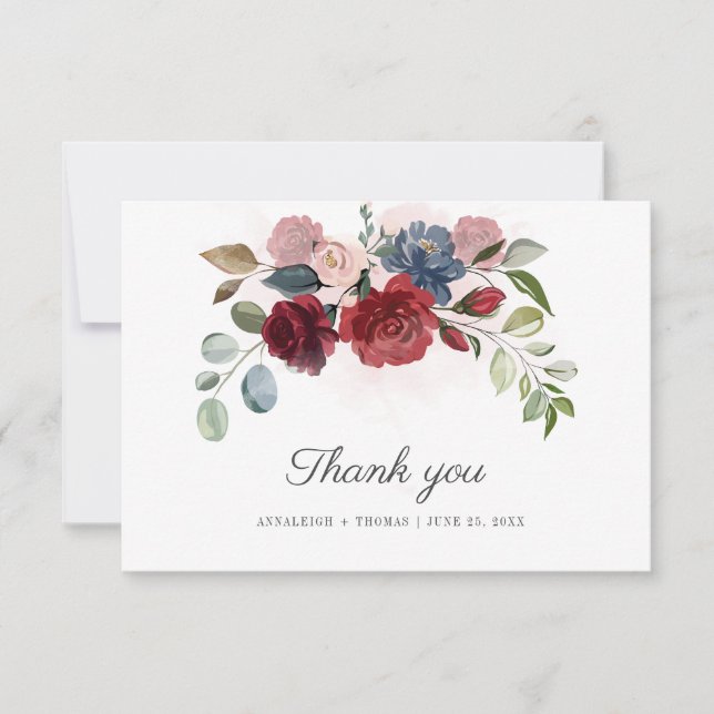 Carte De Remerciements Floral Bourgogne Vert Eucalyptus Mariage (Devant)