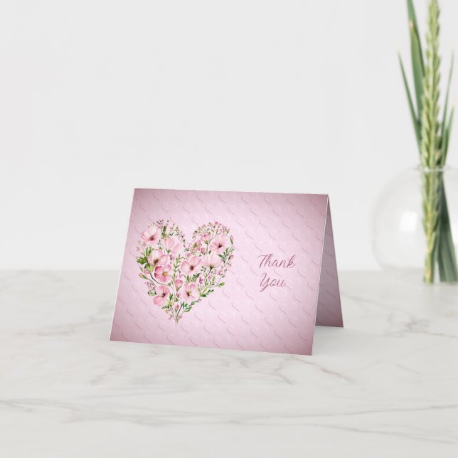 Carte de remerciements Floral Coeur Rose (Devant)