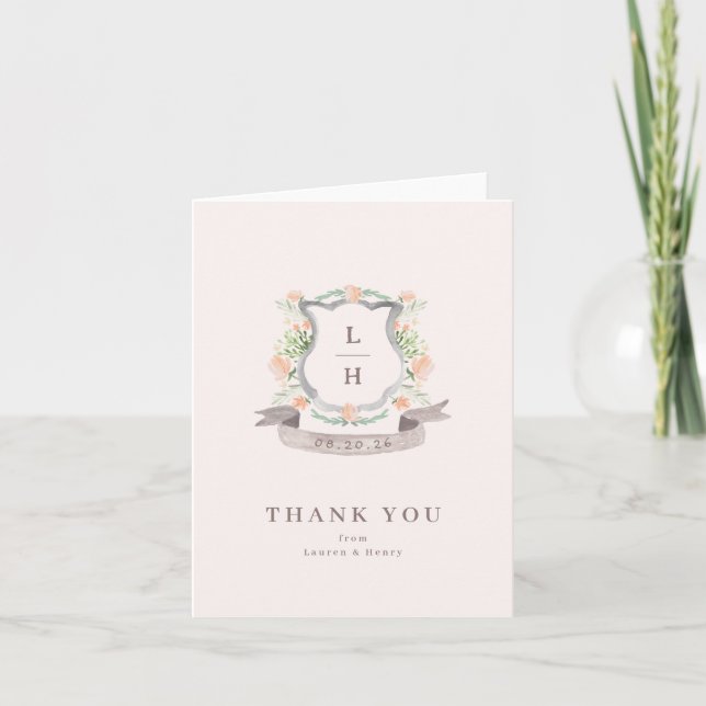 Carte De Remerciements Floral Crest Aquarelle Monogramme Mariage (Devant)