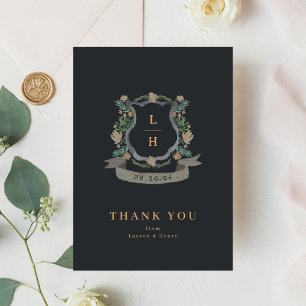 Carte De Remerciements Floral Crest Aquarelle Monogramme Mariage