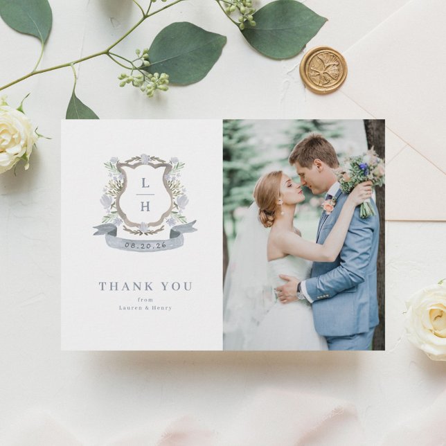 Carte De Remerciements Floral Crest Aquarelle Monogramme Mariage (Créateur téléchargé)