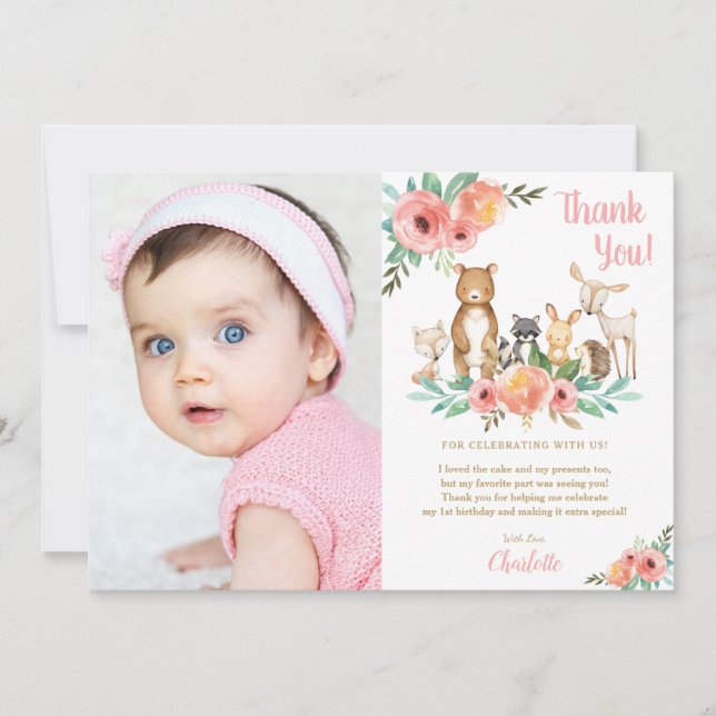 Carte De Remerciements Floral Cute Woodland Animaux Fille Anniversaire Ph (Devant)